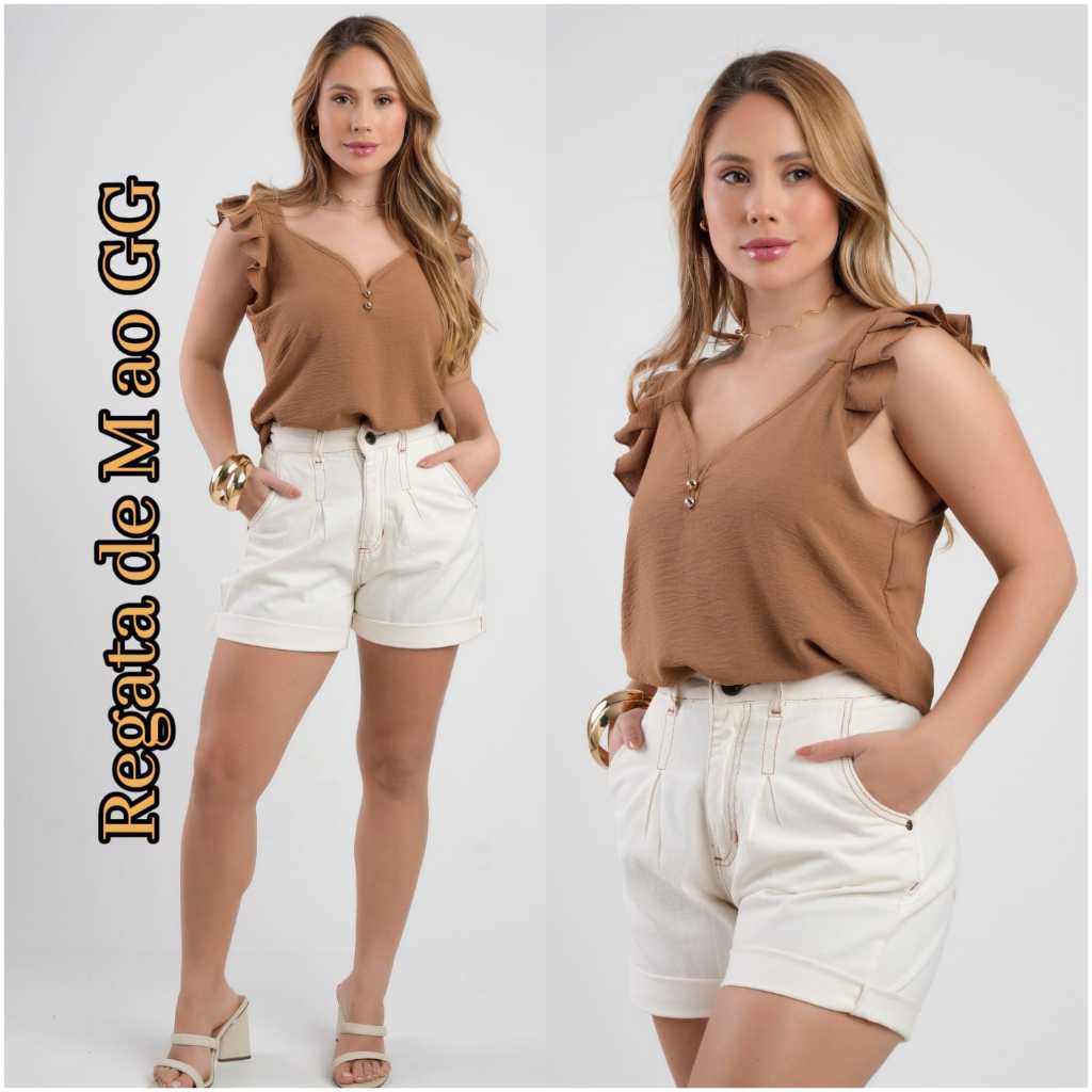 Blusa  Regata Feminina com Babados nas Alças tendência casual Duna em Oferta na Shopee