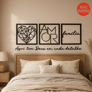 Quadro Decorativo Sala Família Coração Geométrico Amor + Frase Aqui tem Deus em cada detalhe em Oferta na Shopee