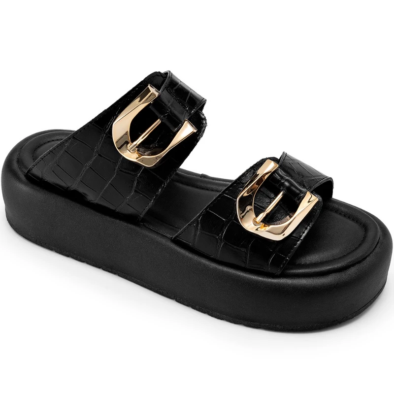 Sandália Flatform Feminina Lumiss Croco Dourada com Fivelas Confortável — foto 4