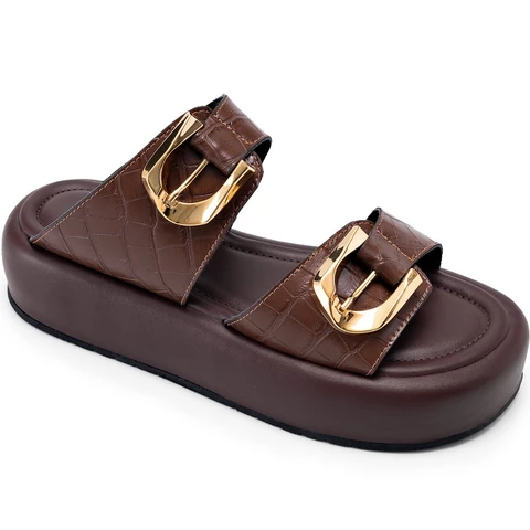 Sandália Flatform Feminina Lumiss Croco Fivelas Dourada Confortável