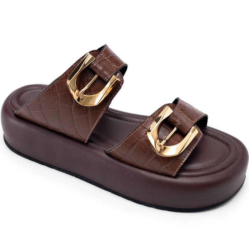 Sandália Flatform Feminina Lumiss Croco Dourada com Fivelas Confortável