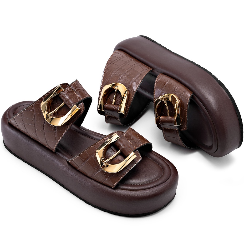 Sandália Flatform Feminina Lumiss Confortável Croco Fivelas Dourada Bico Redondo Marrom em Oferta na Shopee