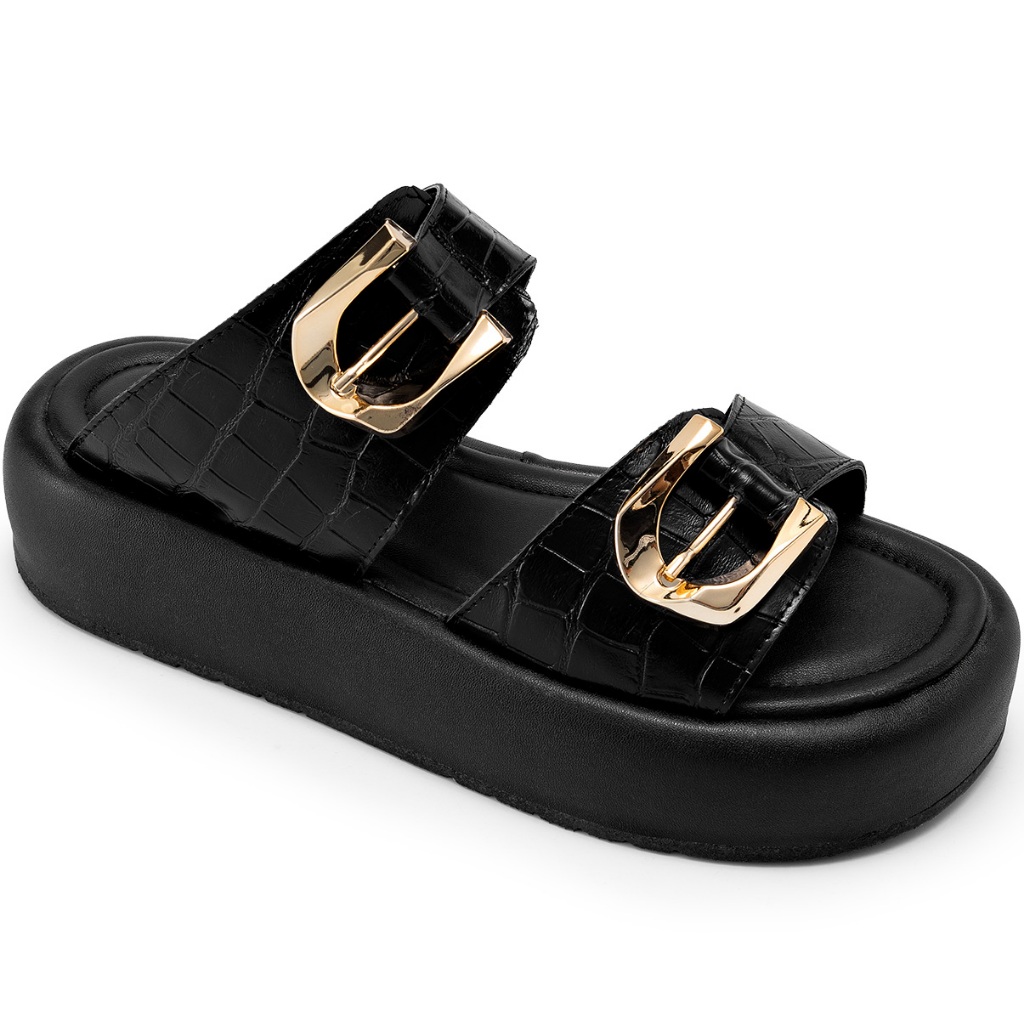 Sandália Flatform Feminina Lumiss Confortável Croco Fivelas Dourada Bico Redondo Preto em Oferta na Shopee