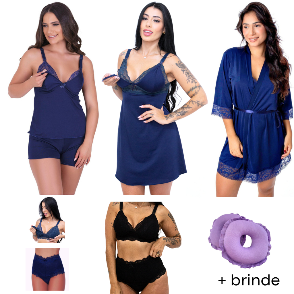 Kit pós parto Camisola Babydoll Robe Sutiã Amamentar  calcinha cós alto amamentação Protetor Seios em Oferta na Shopee