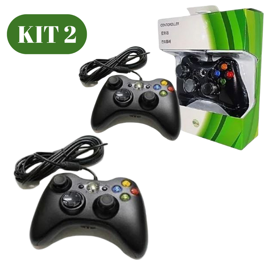 Kit 2 Controle Xbox 360 Pc Windows Notebook Com Fio Xboxslim Portatil