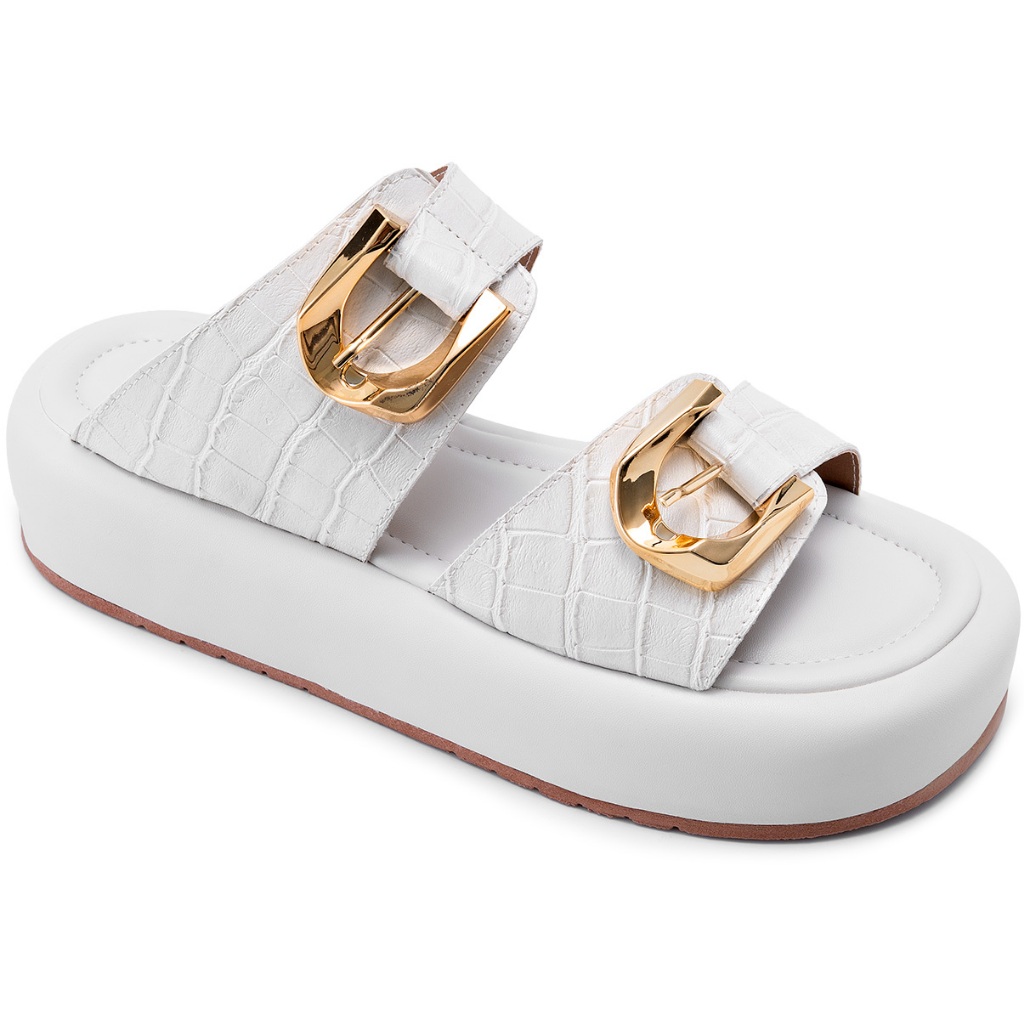 Sandália Flatform Feminina Lumiss Confortável Croco Fivelas Dourada Bico Redondo Off White em Oferta na Shopee