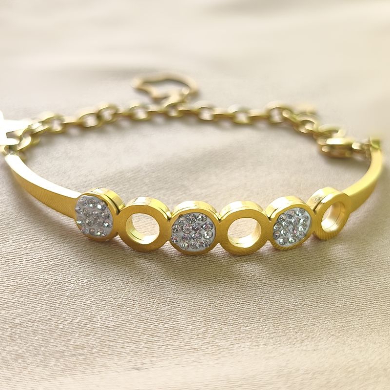Pulseira Aço Inoxidável Dourada Feminina com Zircônias – Ajustável e Antialérgica