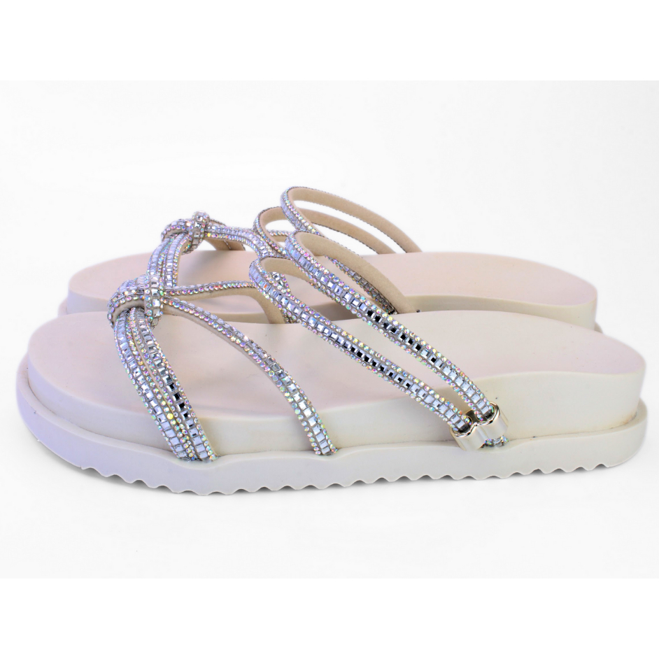 Papete Sandália Feminina Plataforma Off-White Cristal Com Detalhe Boreal - Super Confortável