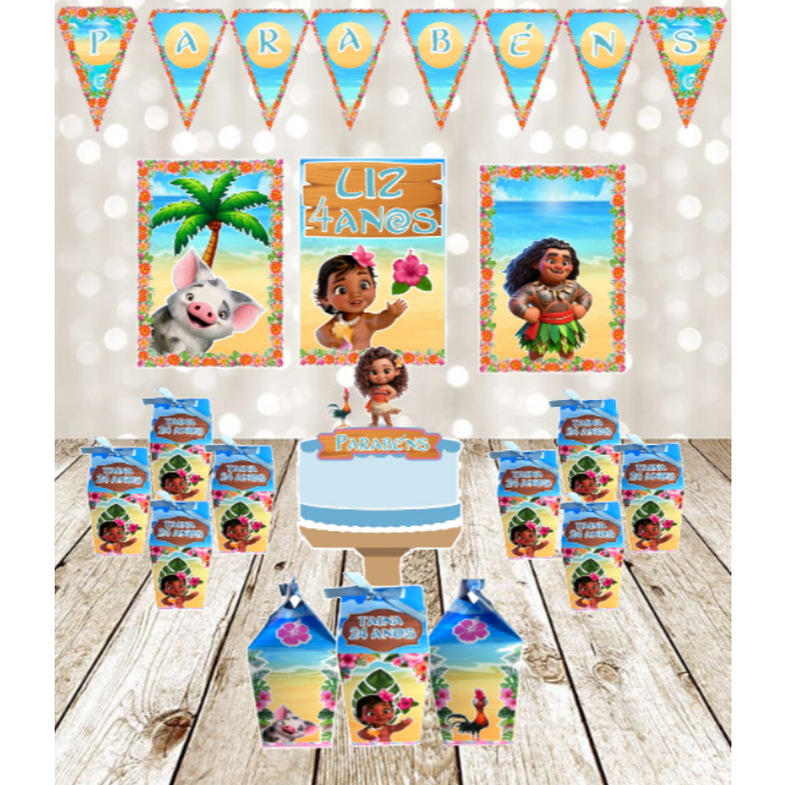 🎉 Kit Festa  MOANA BABY– Painéis + Caixas Milk Personalizadas+topo de bolo+bandeirola-SÓ UM BOLINHO 🎉