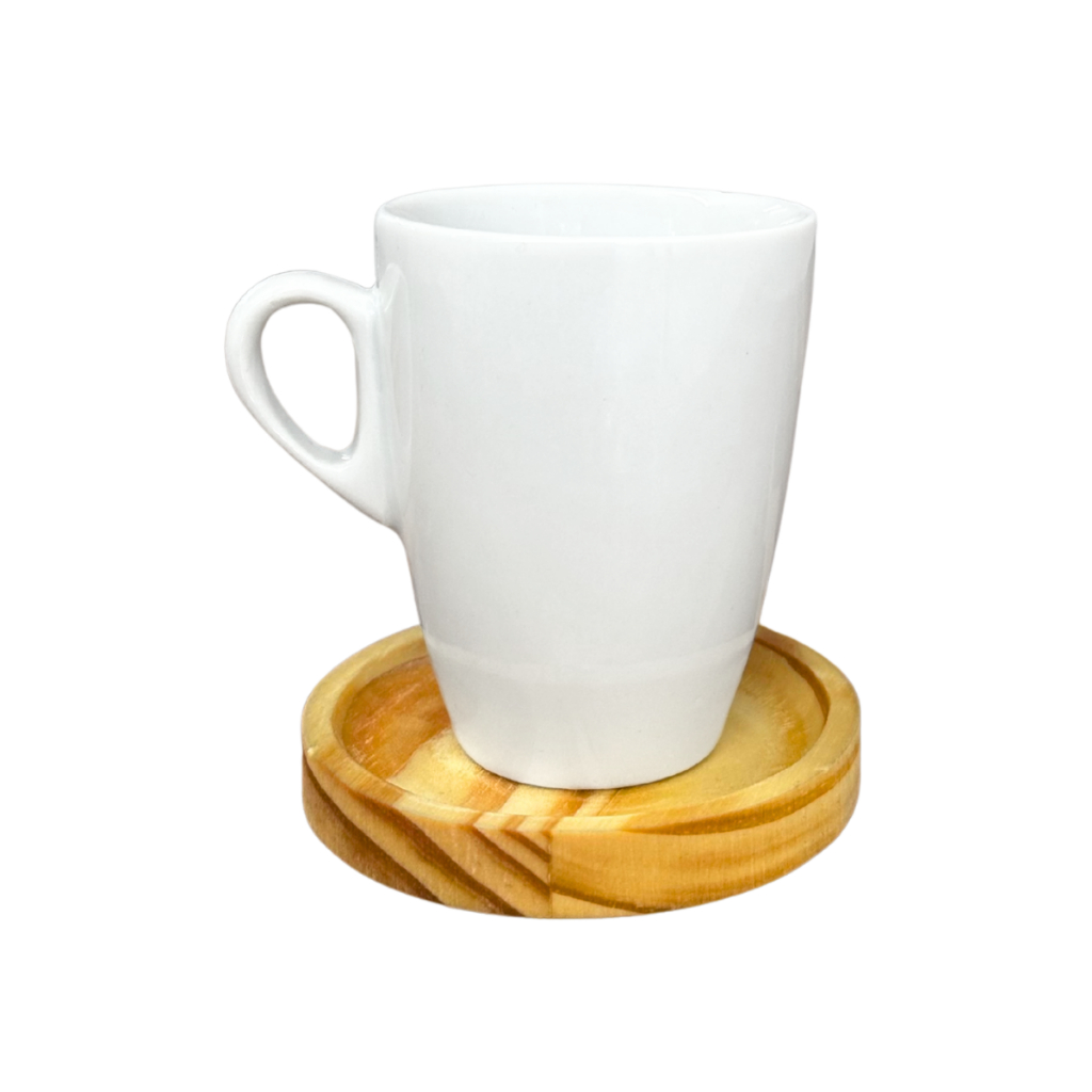 Kit 4 Xícara de Porcelana Com Pires de Madeira Dia a Dia Cantinho do Café Chocolate Quente