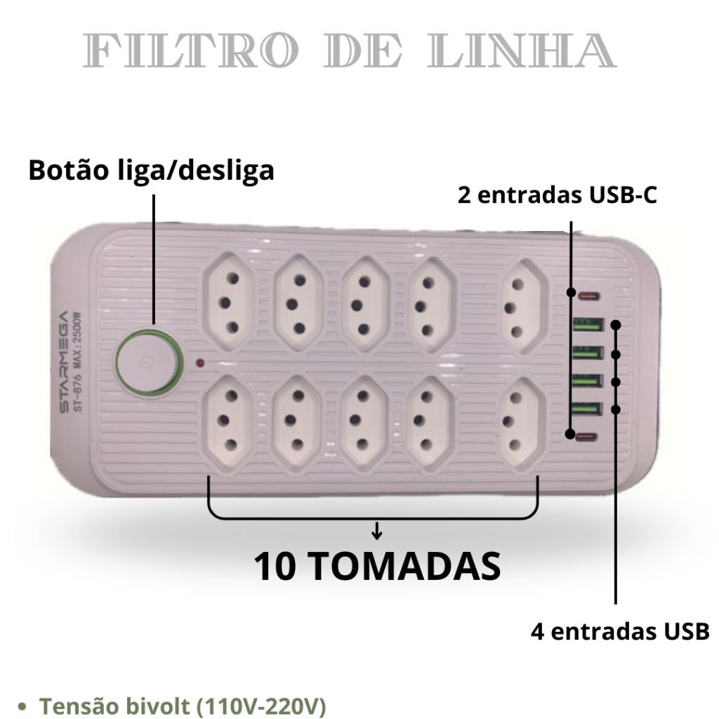 Filtro de linha com 10 tomadas, 4 USB, 2 USB-C, bivolt 10A, 110V/220V, cabo de 2m, seguro e confiável em Oferta na Shopee
