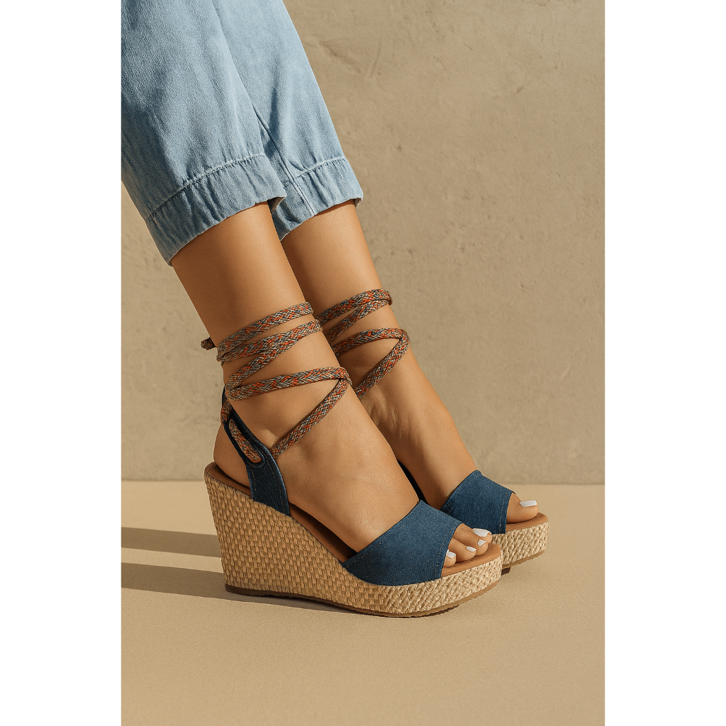 Sandália Anabela Feminina Jeans Plataforma Alta Corda Amarração Confortável Verão Casual