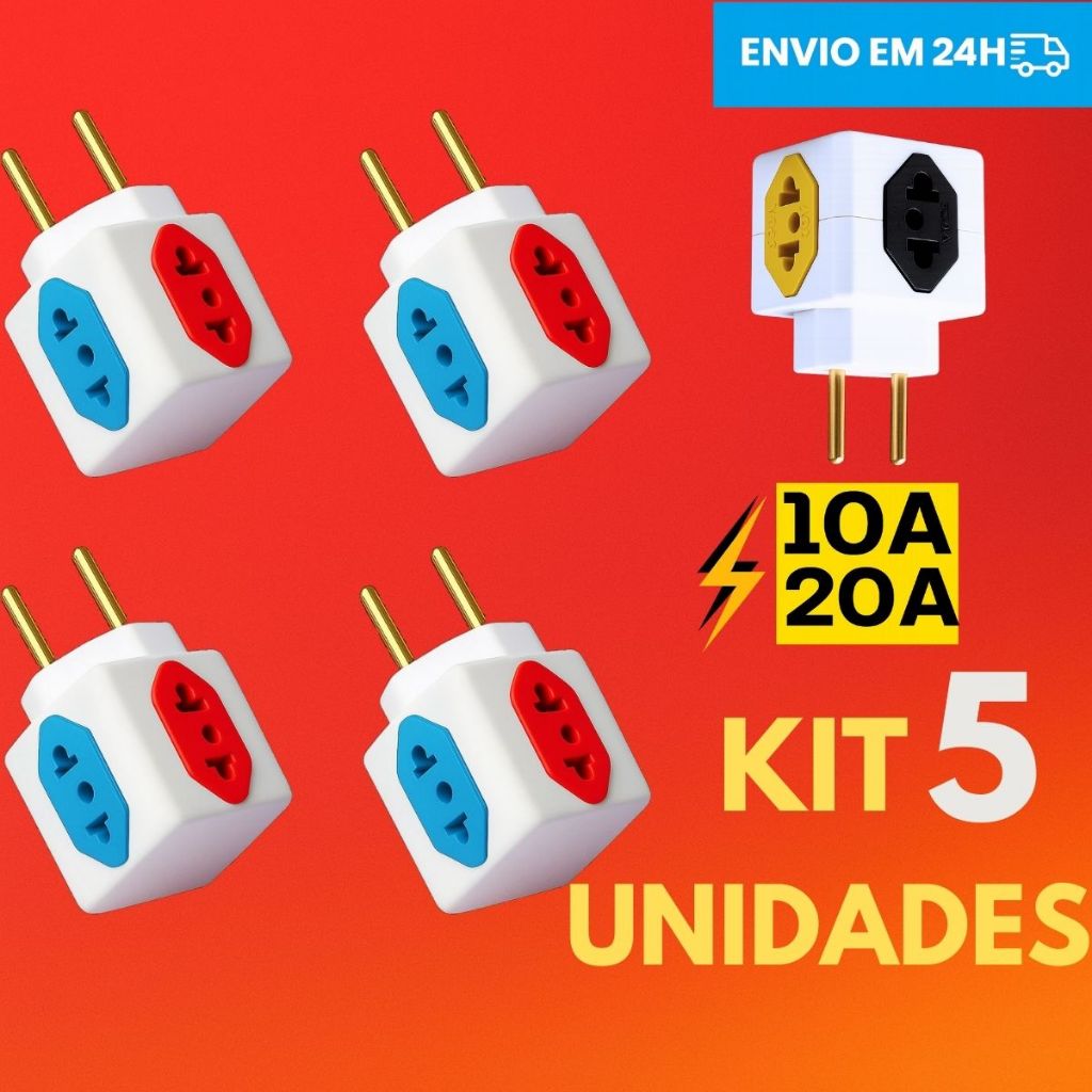 Kit 5 Adaptador Tomada Cubo Colorido Benjamin 4 Entradas Universal 10A 20A Resistente