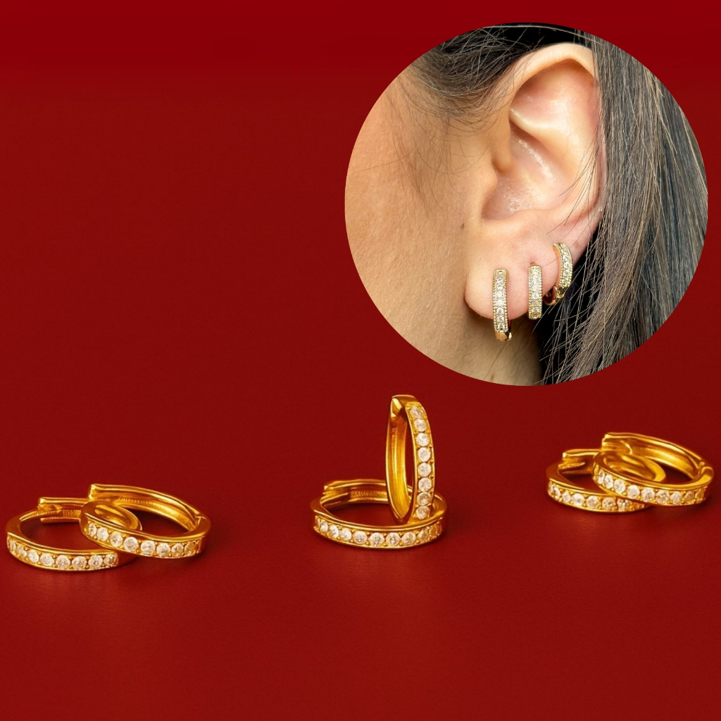 [ SEMI JOIA ] Trio Brincos de Argola Cravejados 1 Fileira Zircônia 3 Furos Feminino Banho Ouro 18k