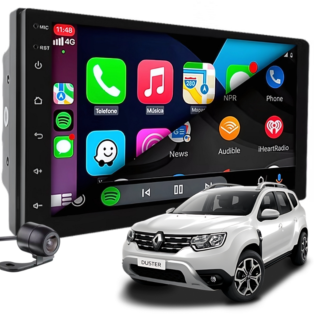 Kit Central Multimídia 7" Polegadas Android GPS USB Bluetooth Carplay Renault Duster 2011 a 2020