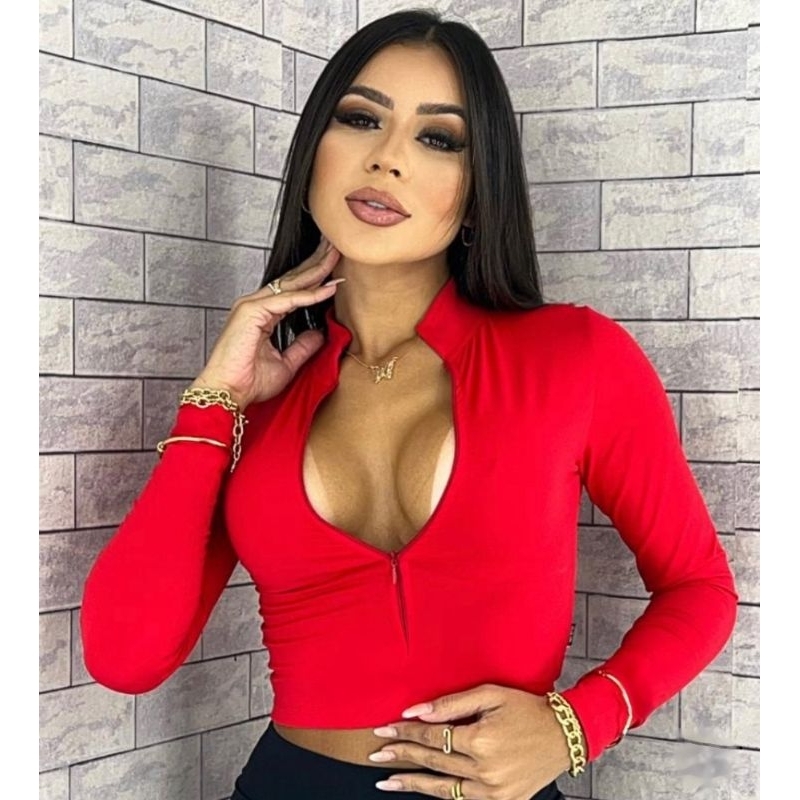 Detalhes do Cropped Blusa Feminina Manga Longa Com Zíper Suplex Gola Alta Casual