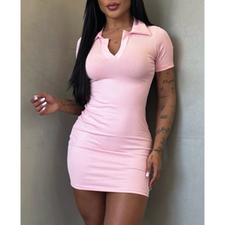 Vestido Gola Polo Rosa Pastel Tubinho Manga Curta Canelado - P ao G1 em Oferta na Shopee