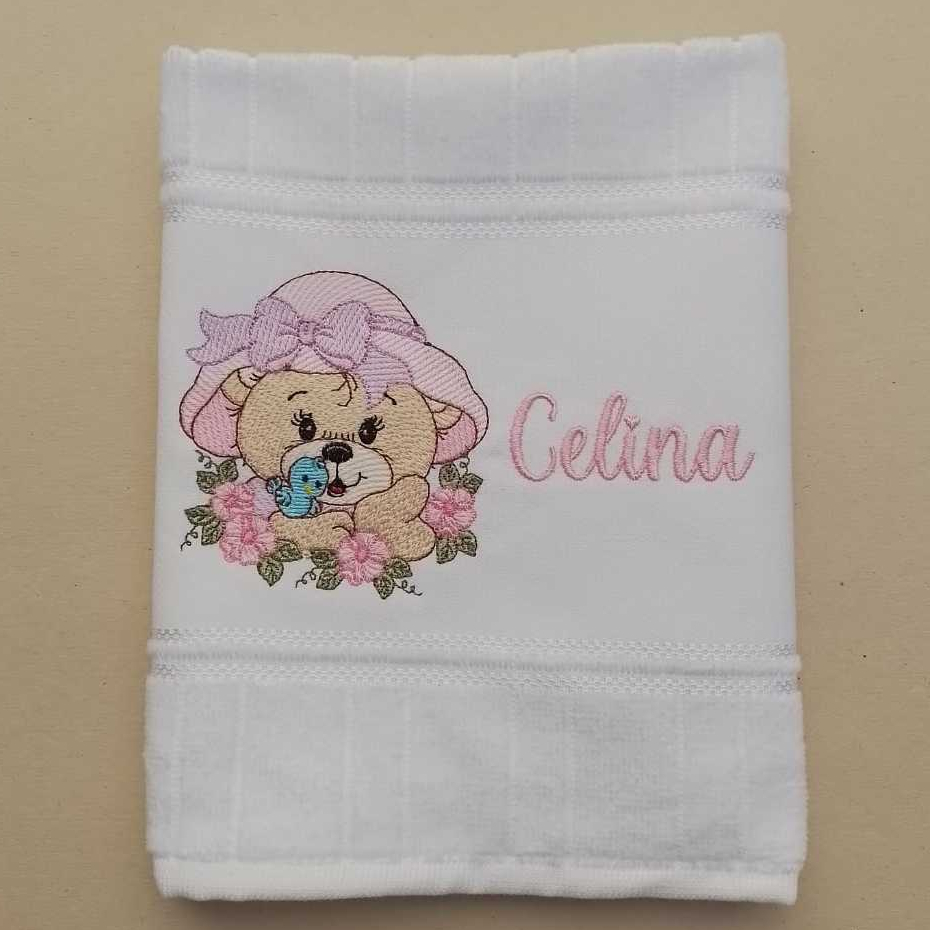 Toalhinha de Boca Personalizada  - Para Menina - Ursinha Delicada e Nome Bordado- Para Mão e Boca