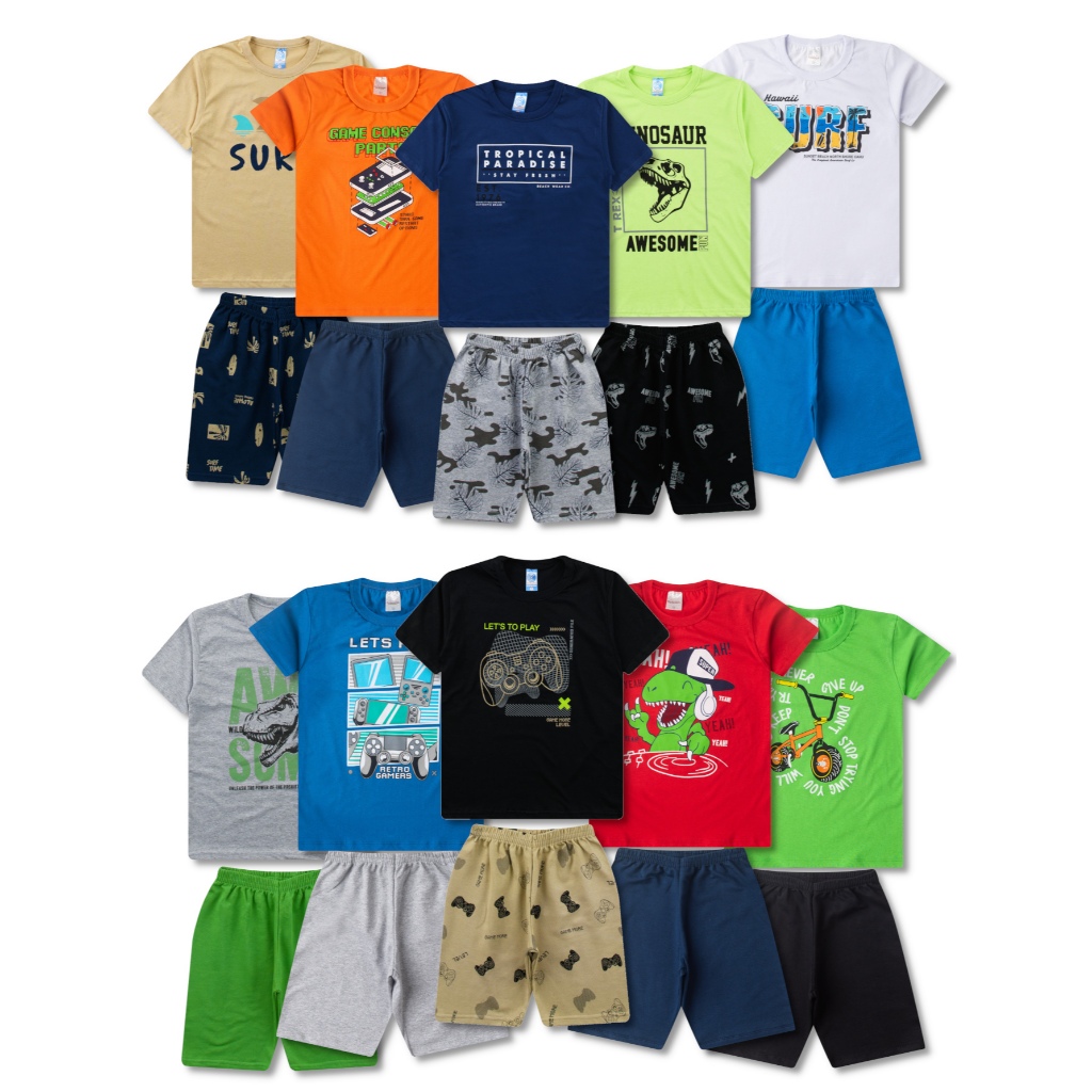10 Conjuntos Infantil Juvenil Masculino Roupa 20 Peças - 10 Camisetas e 10 Bermudas