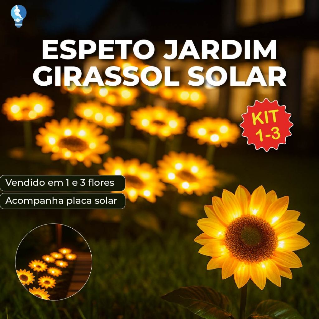 Espeto Jardim Girassol Solar Led com Placa Solar ambientes externos Luz Quente Jardim Decorativo