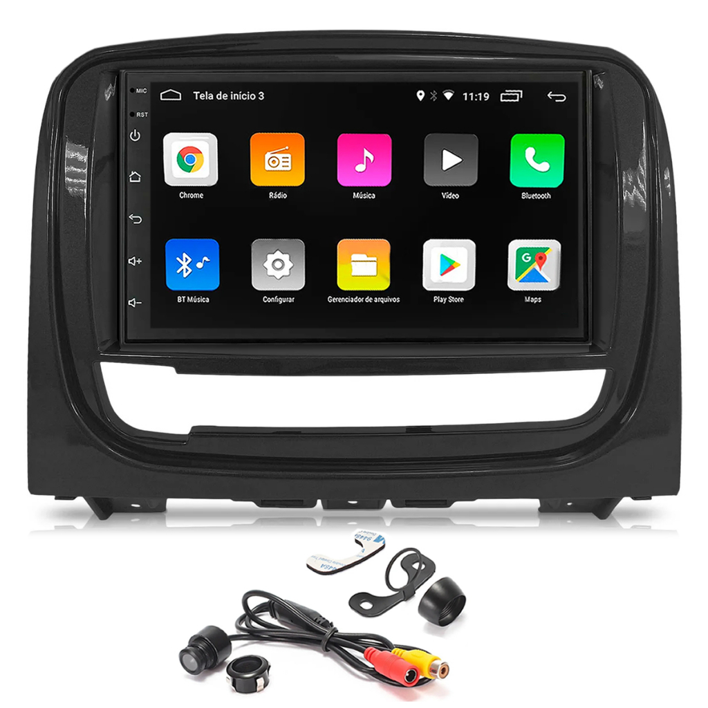 KIT Multimídia Android Carplay Mp5 Gps Wifi Palio Siena Strada 2013 À 2020 + Moldura + Câmera de Ré