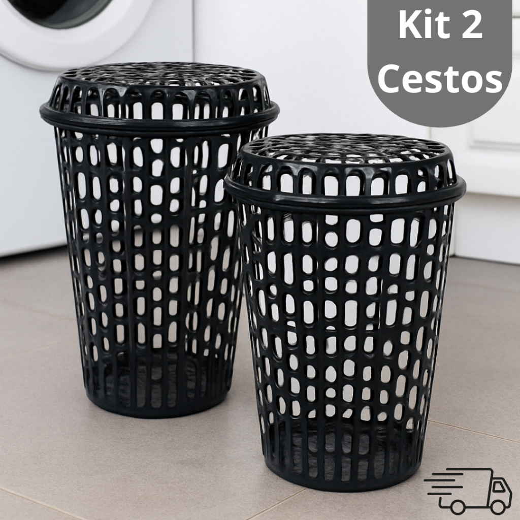 Jogo de 02 Cestos de Roupas Sujas 60 Litros Telado Com Tampa