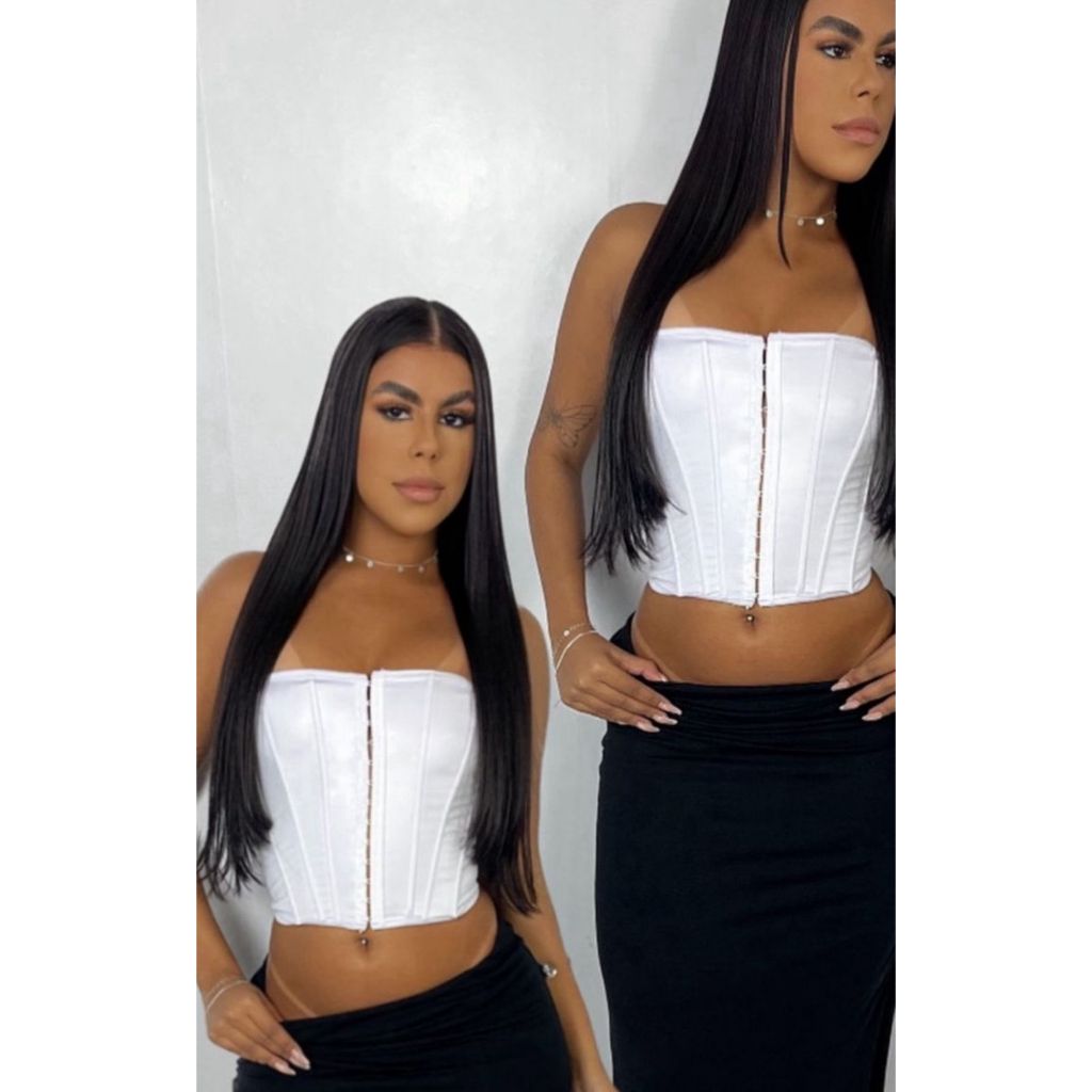 Corselet Aurora em Cirrê Acetinado com 6 Barbatanas e Colchetes Blusa feminina cropped tomara que caia tendencia em Oferta na Shopee