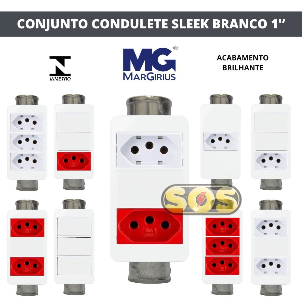 CONJUNTO SLEEK BRANCO MARGIRIUS CONDULETE 1' INTERRUPTOR SIMPLES PARALELO TOMADA 10A 20A VERMELHA
