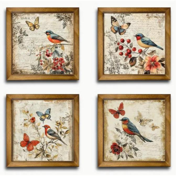 Kit Quadros Decorativos Pássaros Borboletas Paisagens 20x20 Decoração Casa Sala Quarto Hall Jardim em Oferta na Shopee