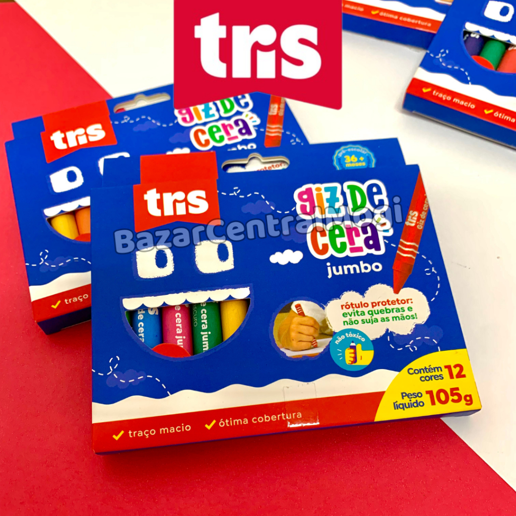 GIz de Cera Jumbo Tris 12 Cores com Capa Protetora Traço Macio