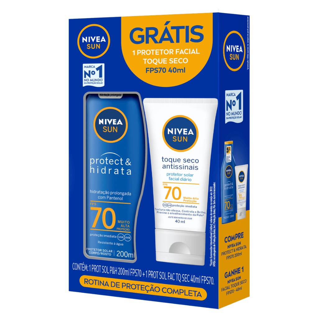 Kit Nivea Protetor Solar Facial FPS 70 Toque Seco 40ml Corporal Protect e Hidrata 200ml  FPS70