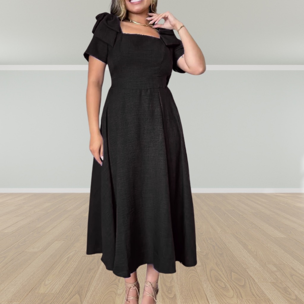 Vestido Midi Azul Bebê Manga Curta Com Laço No Ombro Feminina Elegante Soltinho Casual Pluz P ATE G2