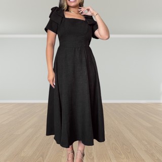 Vestido Midi Azul Bebê Manga Curta Com Laço No Ombro Feminina Elegante Soltinho Casual Pluz P ATE G2