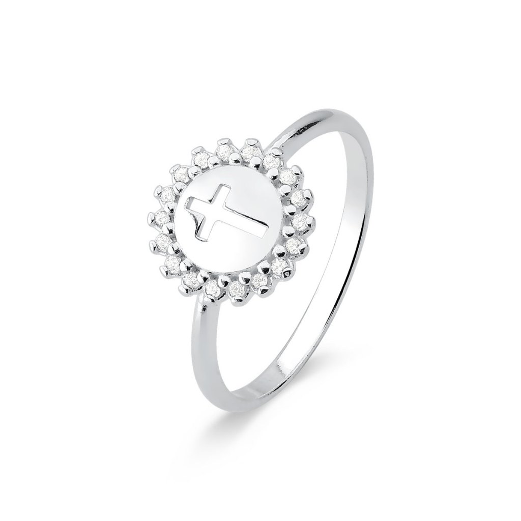 Anel de Prata 925 Círculo com Cruz Vazada e Zircônias em Oferta na Shopee