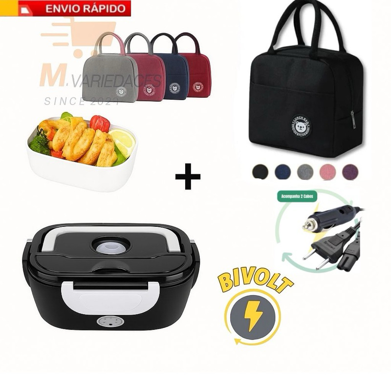 Marmita Elétrica Bivolt com 2 Cabos Carro e Tomada + Bolsa Térmica110V/220V 12V/24VPrática Portátil