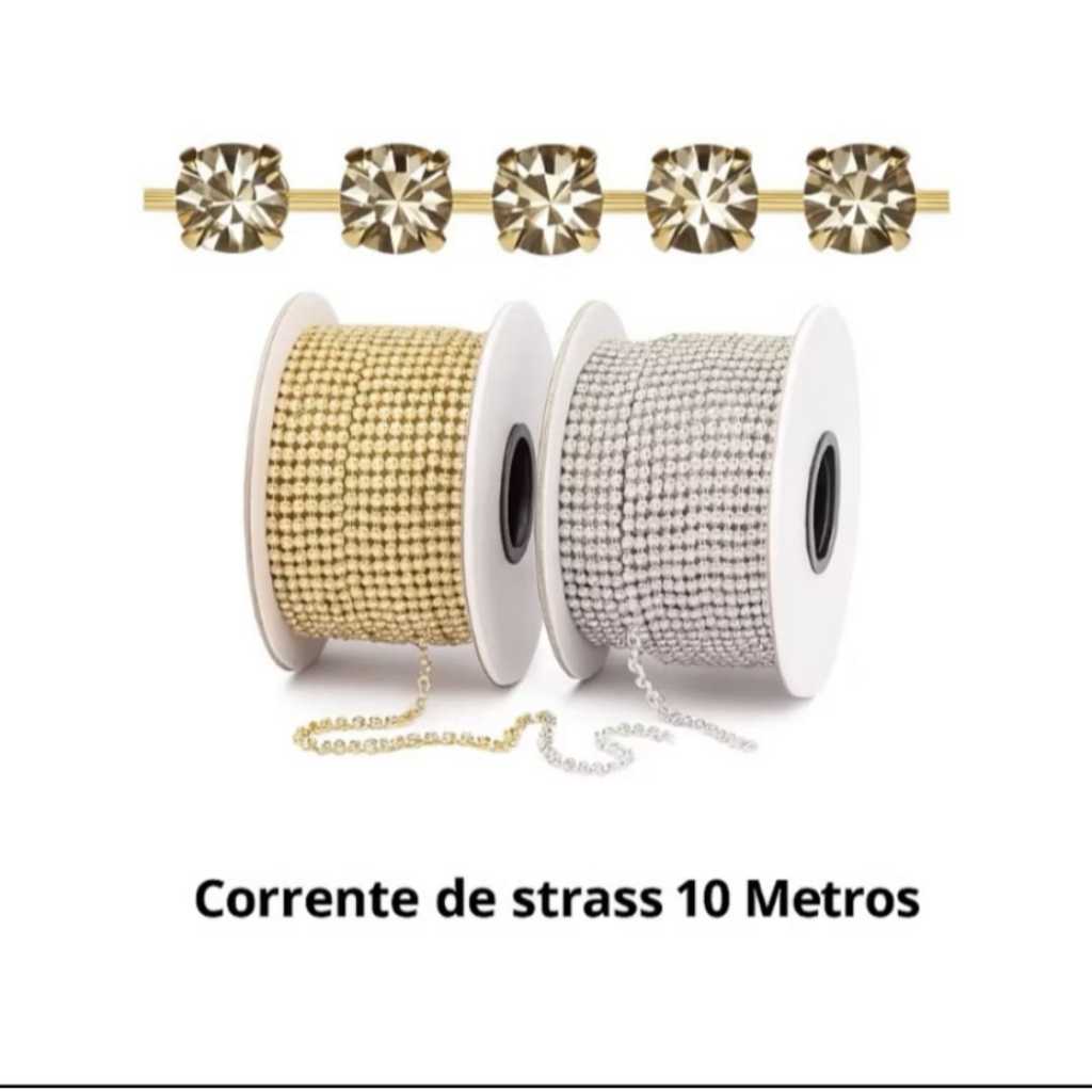 Corrente de Strass Com 10 Mts Dourada Prata Artesanato Colagem Bolsas Roupas/SS 6,5/8,5/10/12/14/16