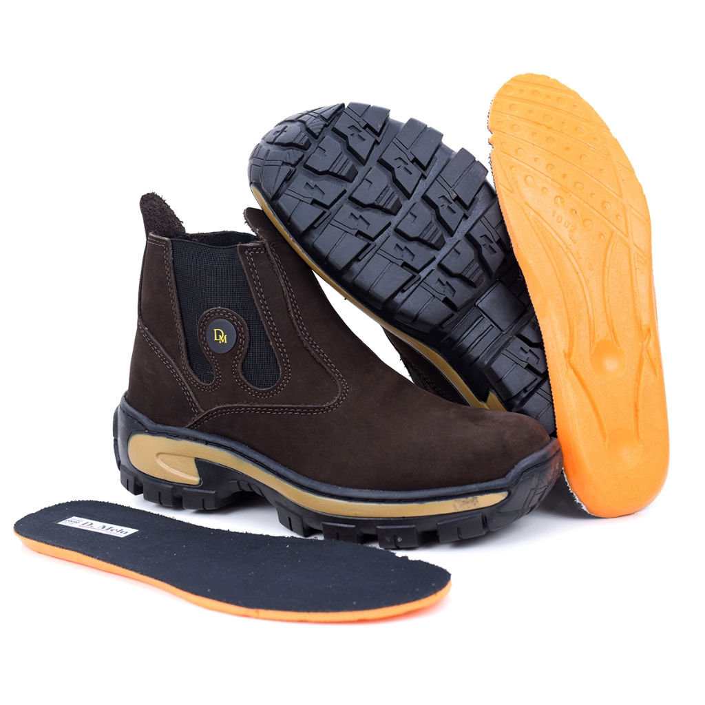 Bota Botina Masculina Café Couro Legítimo Nobuck Rodeio Trabalho com Palmilha em Gel