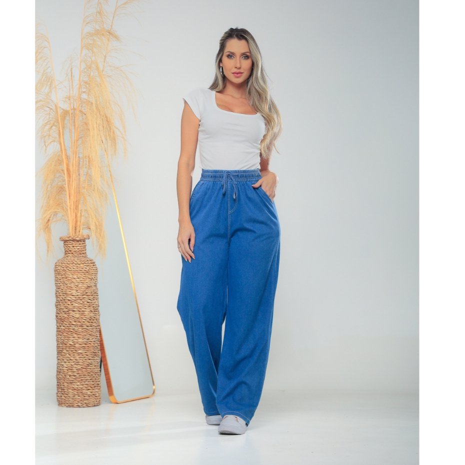 Calça pantalona feminina jeans fake em tecido plano com elastano 2330 em Oferta na Shopee