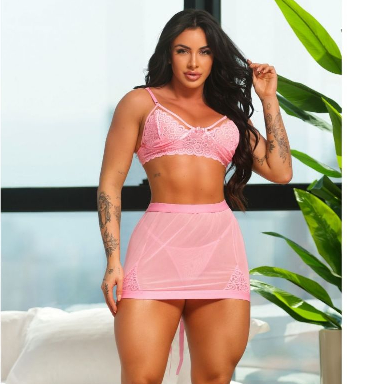 Conjunto Trio Valentina Lingerie Com Bojo Sensual Roupa Intima com Saia Calcinha fio dental e Sutia langerie de luxo