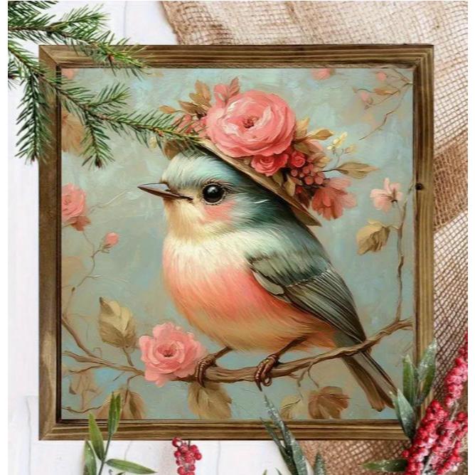 Quadro/Placa Decorativa 30x30 Estilo Vintage Pássaro e Flor Rosa, ideal para sala, quarto e hall em Oferta na Shopee