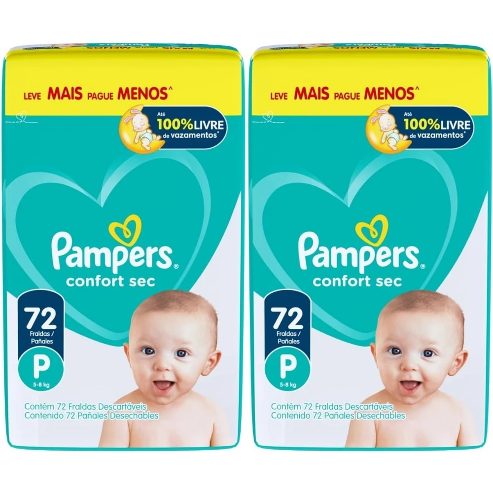 Kit Pacotes Fralda Pampers Confort Sec P 72un 5-8kg Total 144un EQ.1