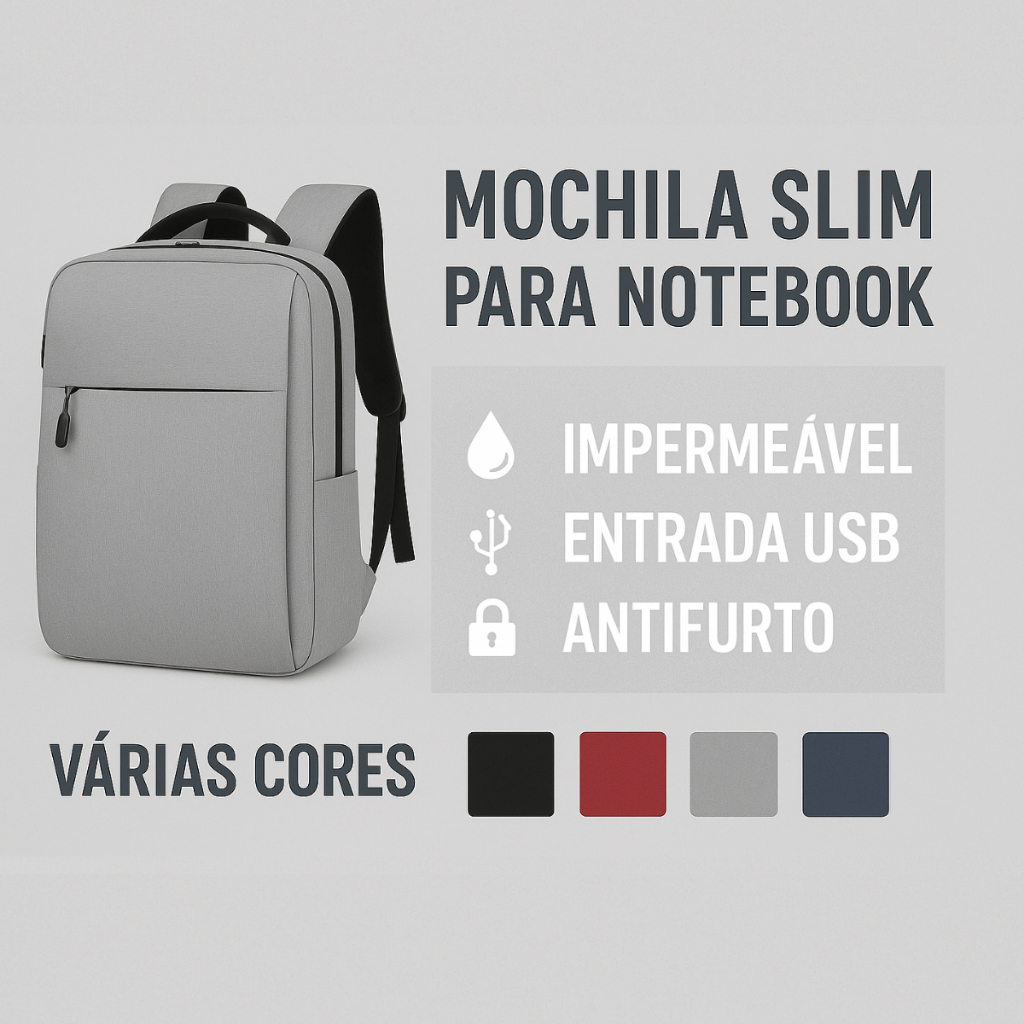 Mochila Escolar e para Notebook 15.6” Masculina Feminina Impermeável Entrada USB Antifurto Várias Cores Slim