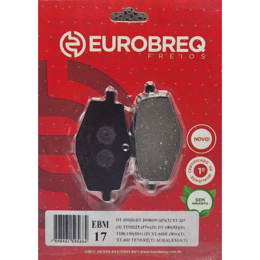 Pastilha de Freio EUROBREQ EBM-17 Moto Yamaha DT200 DT200R XT225 TDM225 DT180 XT600 XT600 Teneré