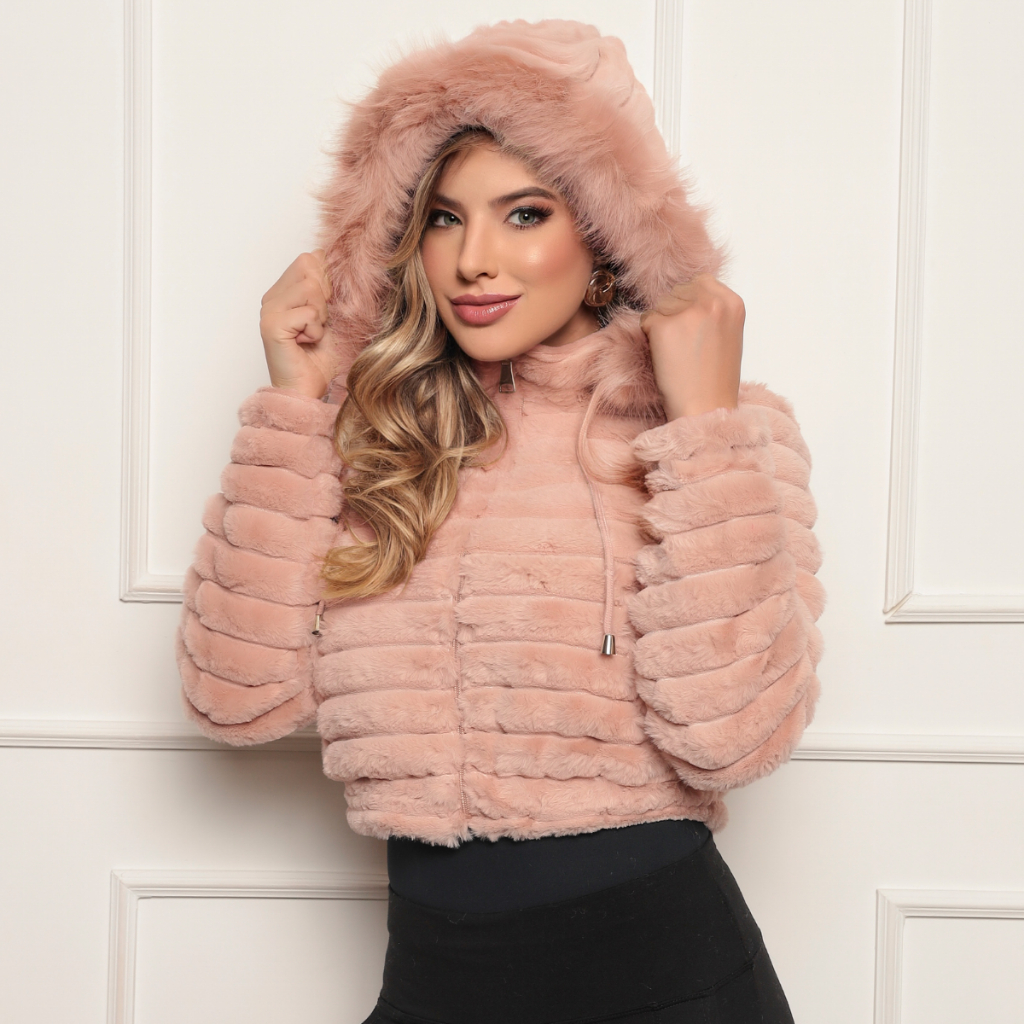 Casaco Cropped Feminino Inverno Pelúcia Puffer Capuz Dupla Face Zíper Teddy Luxuoso