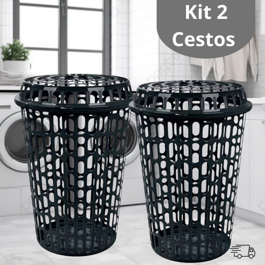 Kit 2 Cesto De Roupas Sujas Telado 60 Litros Com Tampa Preto