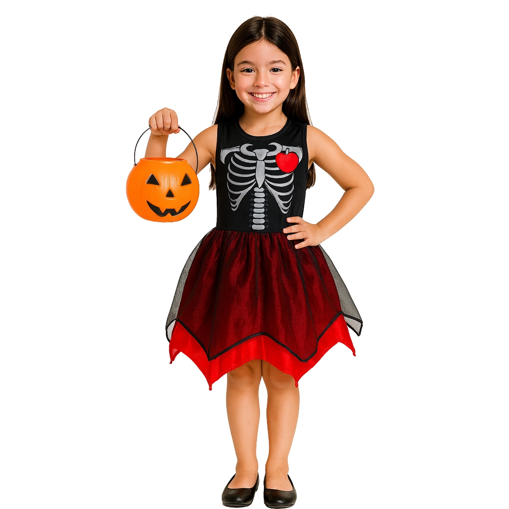 Fantasia Caveira Esqueleta Menina Infantil Criança Menina Roupa Halloween Dia das Bruxas + Abóbora