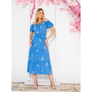 Vestido Midi Feminino Ombro a Ombro em Cambraia de Algodão Bordada com Manga Bufante Fashion Verão em Oferta na Shopee