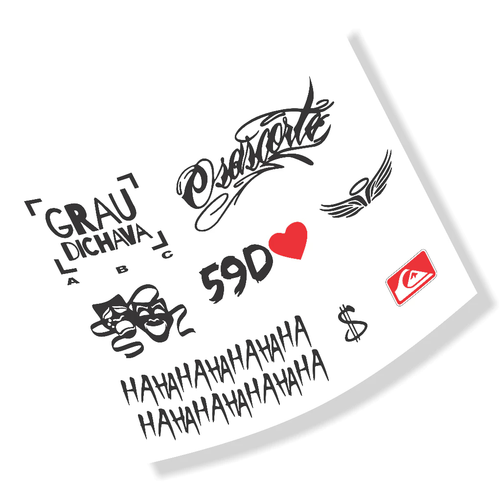 Cartela 08 Adesivos GRAU DICHAVA, 59D, CHORA AGORA RIR DEPOIS, ANJO Moto, OSASCORTE, QUIK, HAHAHA