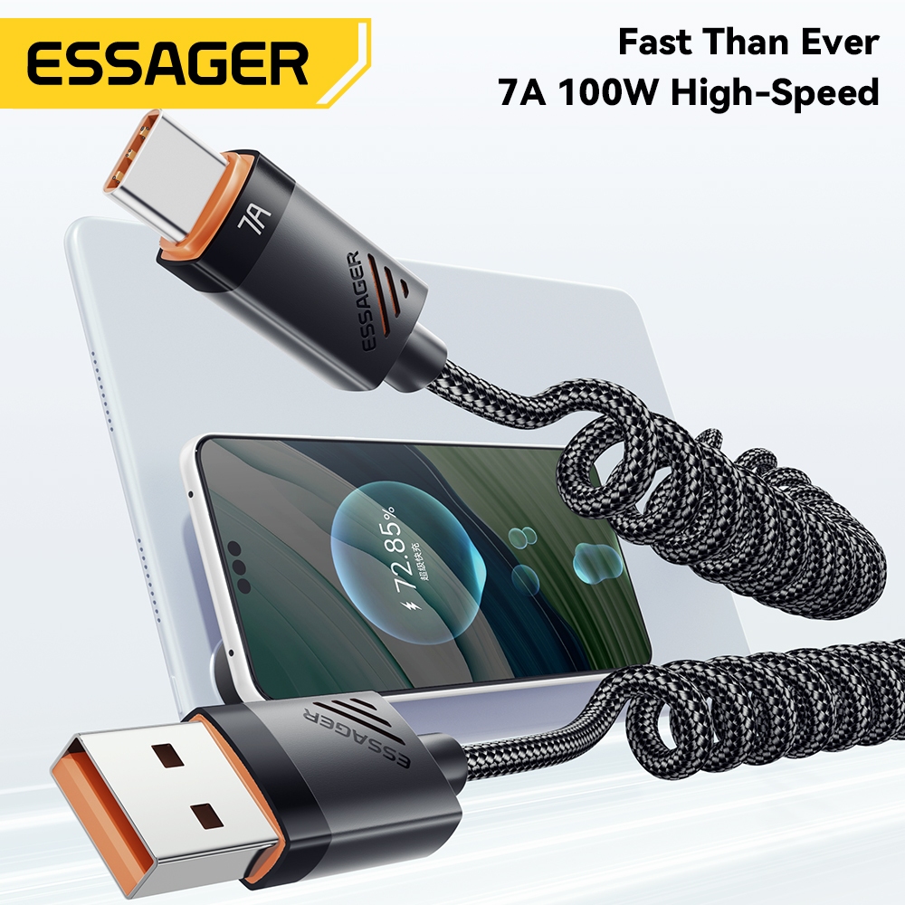Cabo Usb Tipo C Essager Espiral 1,8m Turbo 7a 100w Reforçado