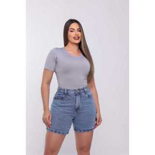Short Jeans Meia Coxa Bermuda Feminina 100% Algodão Cintura Alta em Oferta na Shopee